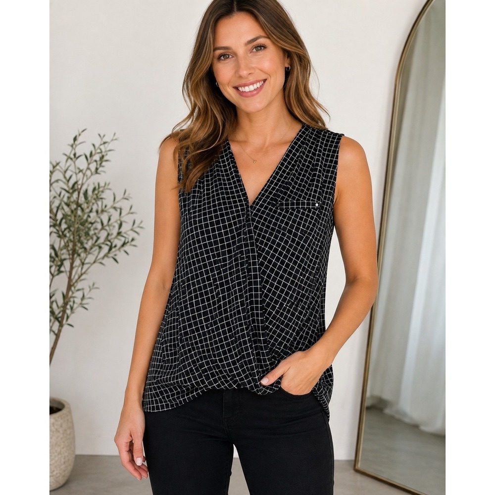 White House Black Market Grid Print Sleeveless Wrap Top Small Career